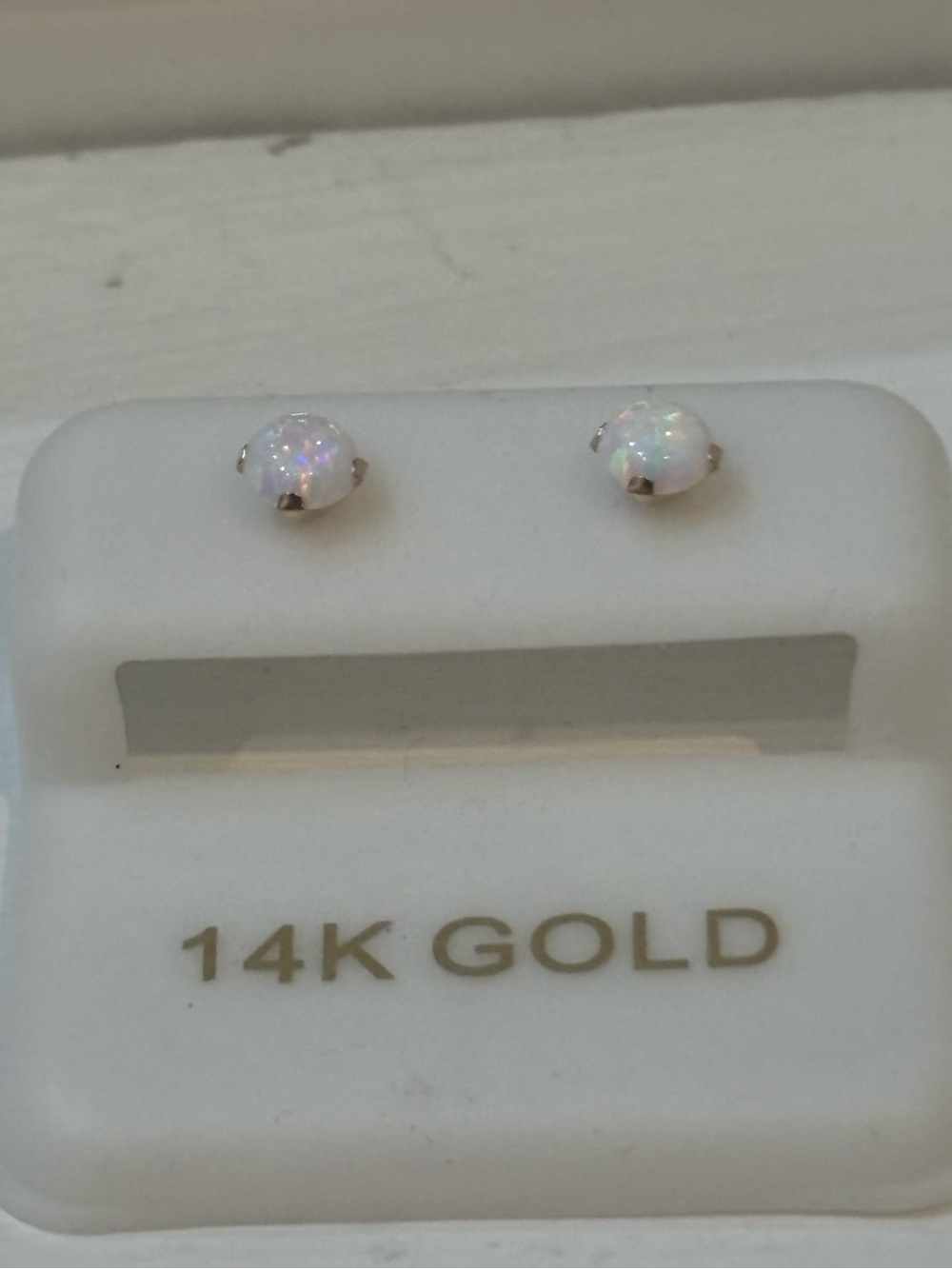14K Gold Opal Stud Earrings - White Opal Sparkle - Picture 2 of 7